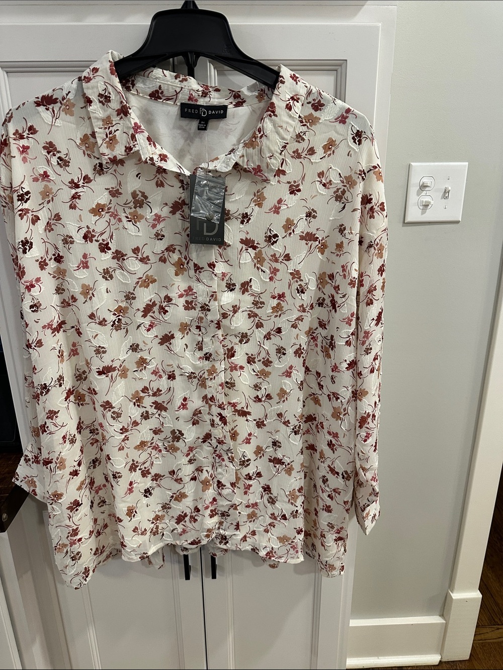 Fred David Cream Button-Down Blouse with Rust Floral Print